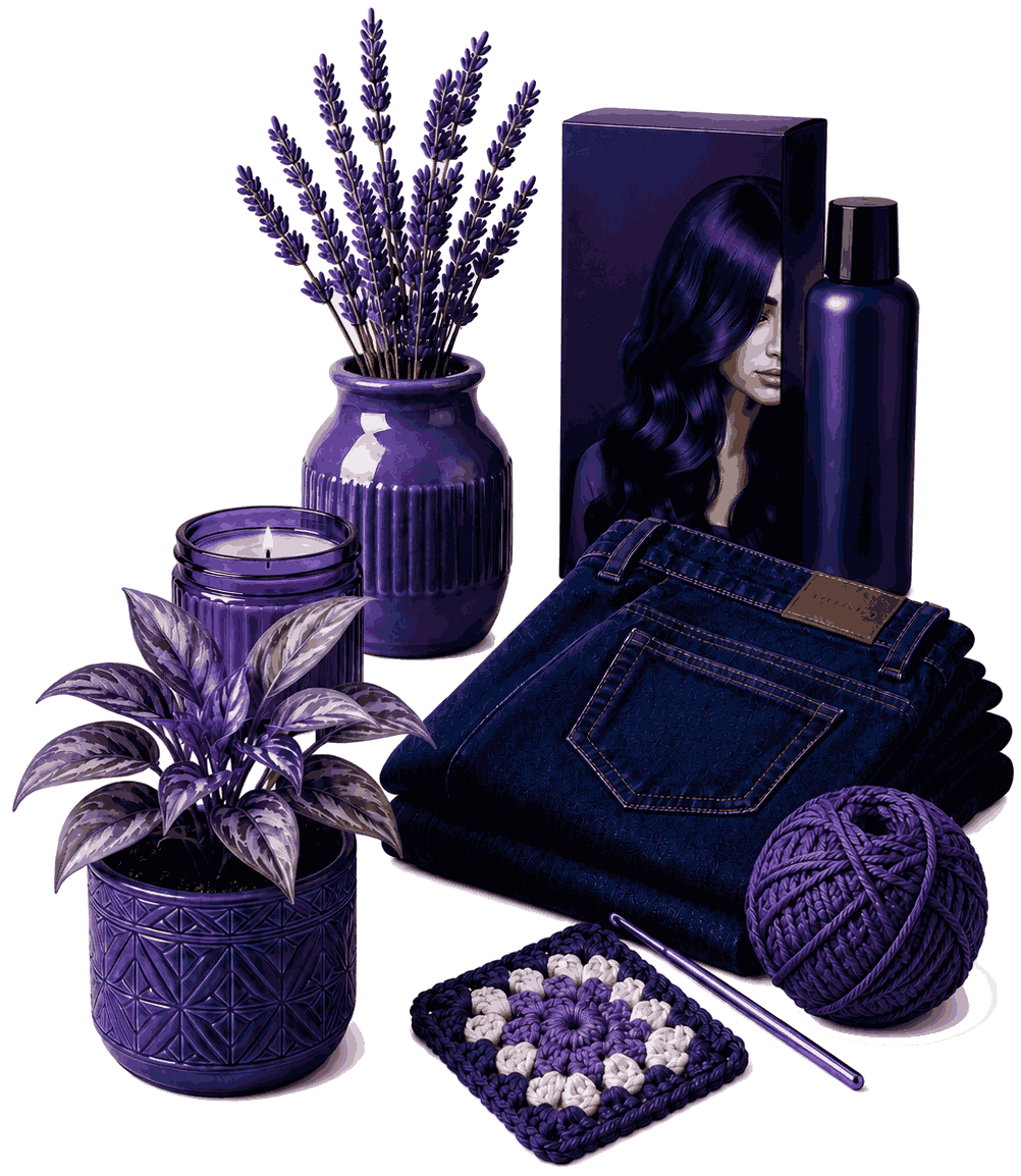A curated collection of indigo hair color, denim, decor, plants and crafts