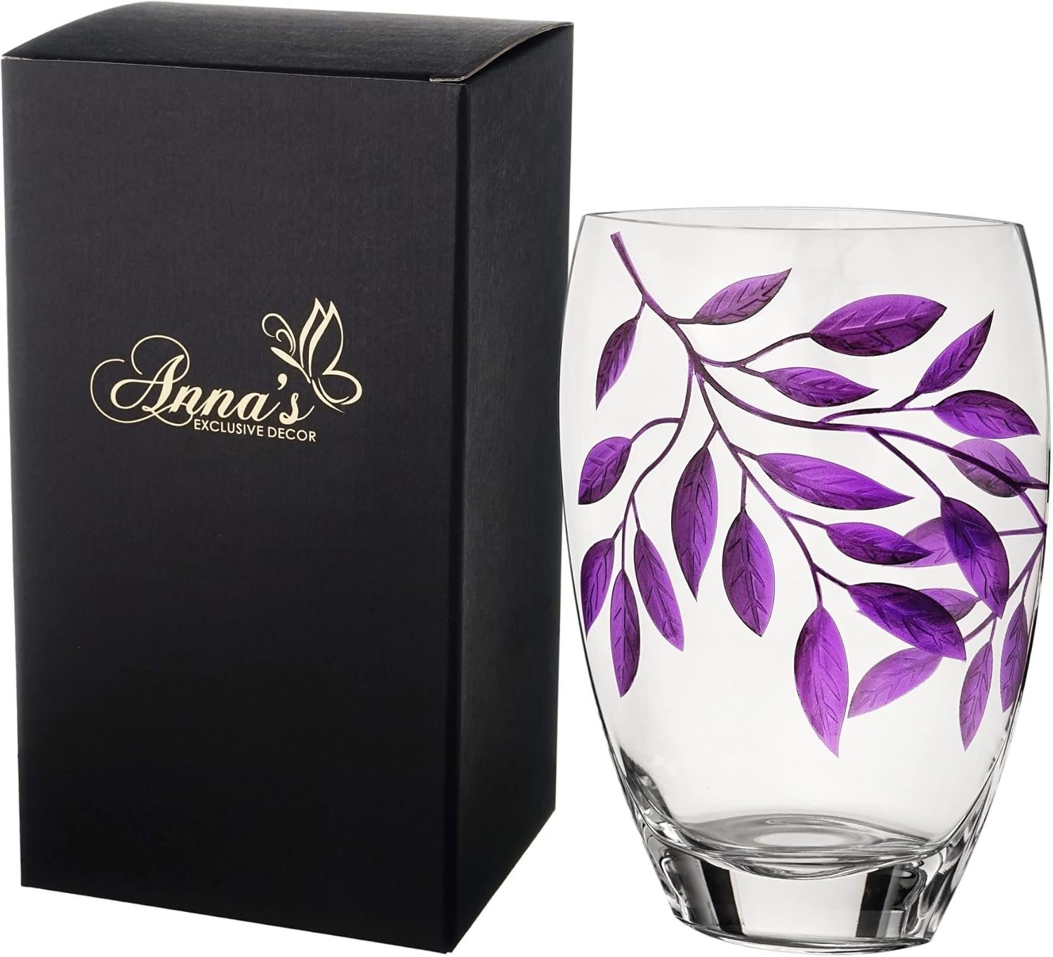 Large Hand Blown Glass Vase 30 cm - Purple Leaves Decor