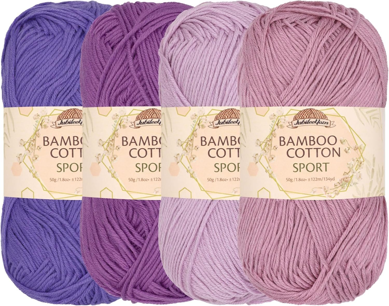 JubileeYarn Bamboo Cotton Sport Yarn - 50g/Skein - Shades of Purple - 4 Skeins