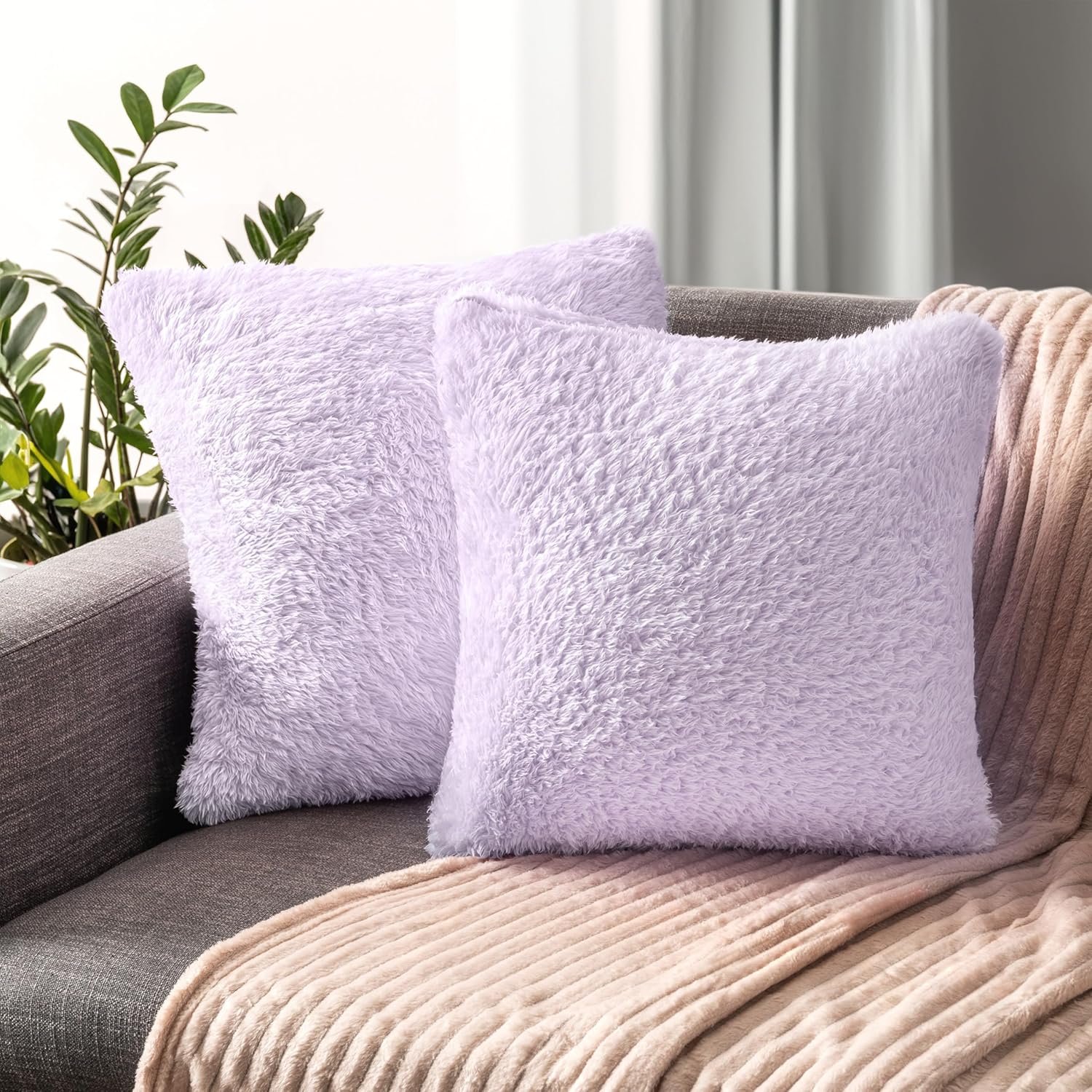 PAVILIA Fluffy Lavender Throw Pillow Covers, Decorative Accent Pillow Cases for...