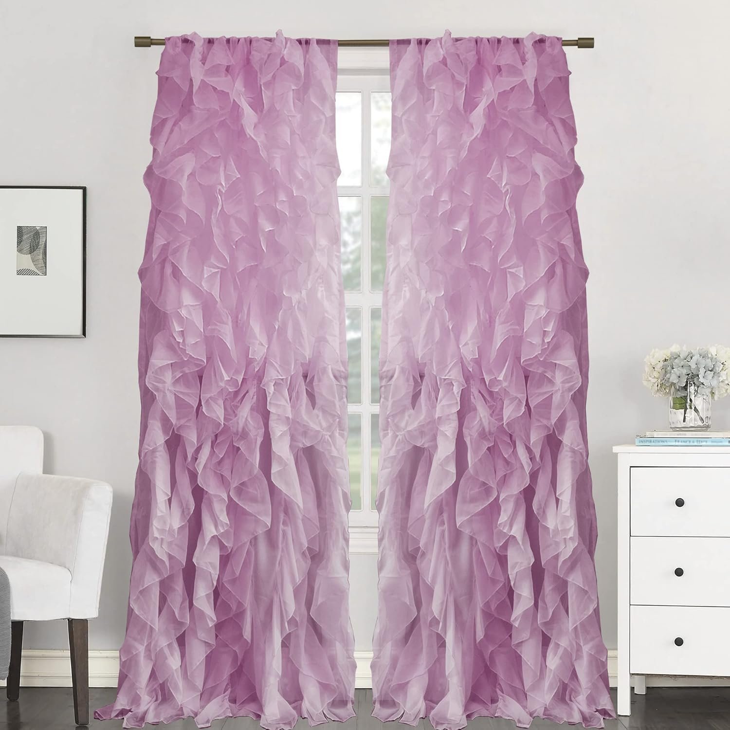 2 Pack Window Panel Sheer Voile Vertical Ruffled Waterfall Curtains, Lavender,...