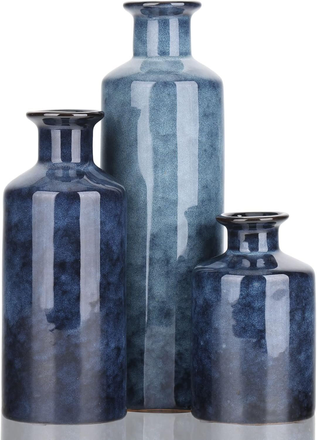 Blue Ceramic Vase Set - 3 Blue Small Vases, Farmhouse Country Flower Vase Home...