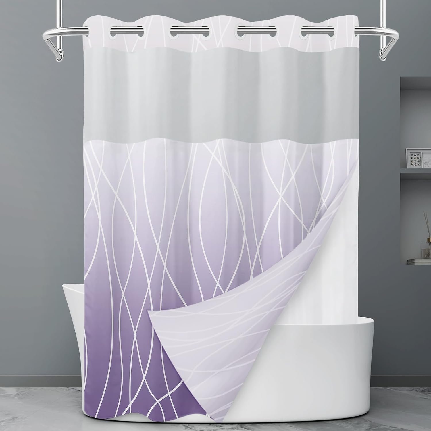 LXBNI No Hook Ombre Purple Striped Shower Curtain with Snap in Liner Set -...