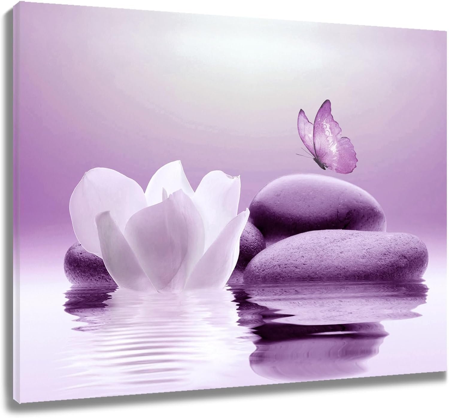 EOBTAIN Zen Stone Canvas Wall Art Water Lily and Purple Butterfly on the Lake...