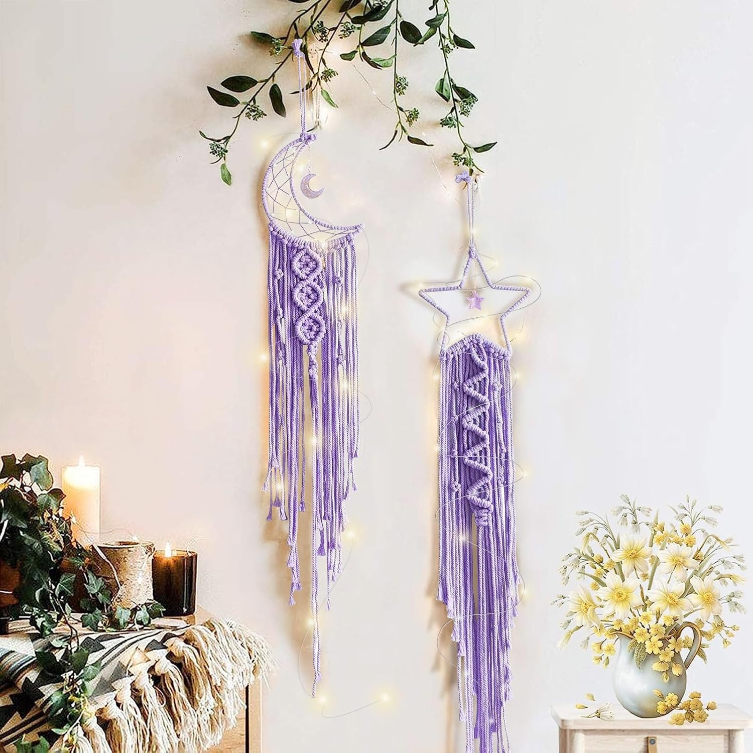Moon Star Dream Catcher Decor,2pcs Boho Home Moon Star Dreamcatcher,Macrame...