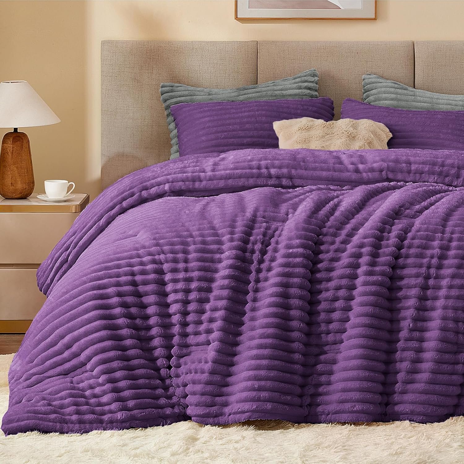 BEDELITE Fleece Queen Comforter Set -Super Soft & Warm Fluffy Purple Bedding,...
