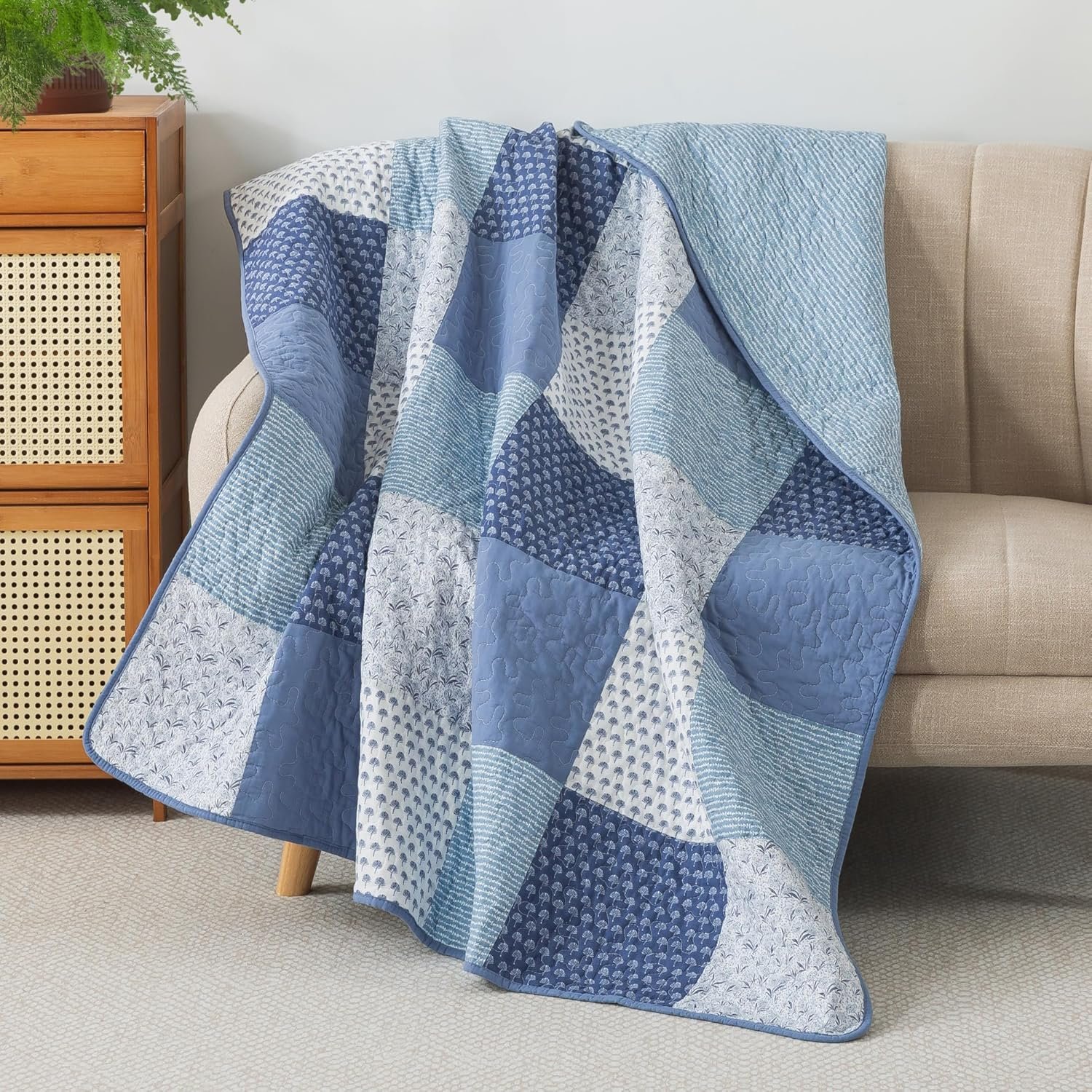 Soul & Lane - Blue Cotton Quilted Throw Blanket, 50" x 60", Indigo Weave |...