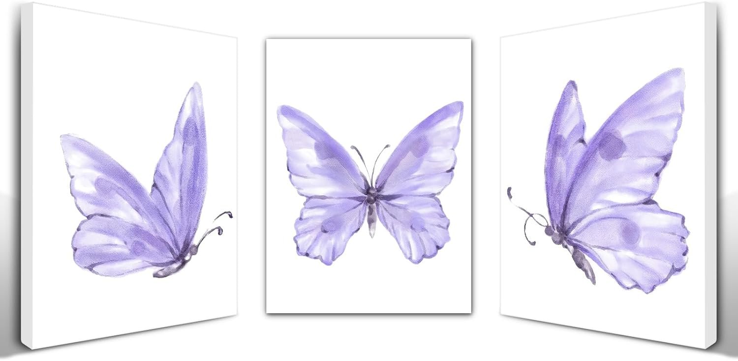Butterfly Wall Art Prints Decor - Set of 3 purple room decor Poster with Framed...