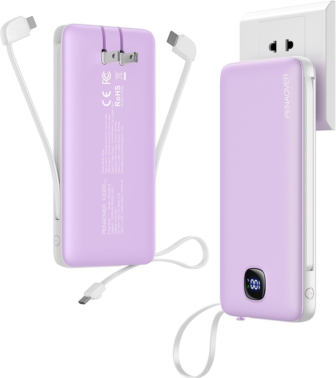 penaover Portable Charger with Built-in Cables&AC Wall Plug,Slim 10000mAh 22.5W...