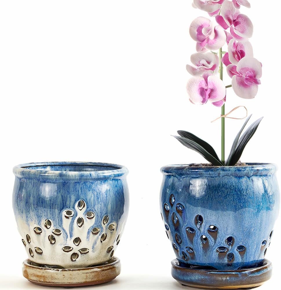 Orchid Pots with Holes Attached Saucers 4.6 Inches - 2 Pcs Small Ceramic Pots...