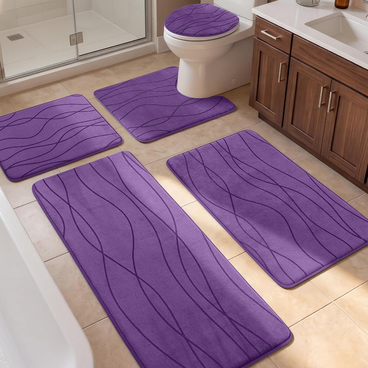 YIHOUSE Bathroom Rugs Set 5 Piece, Memory Foam Bath Mat Purple | Ultra Soft,...