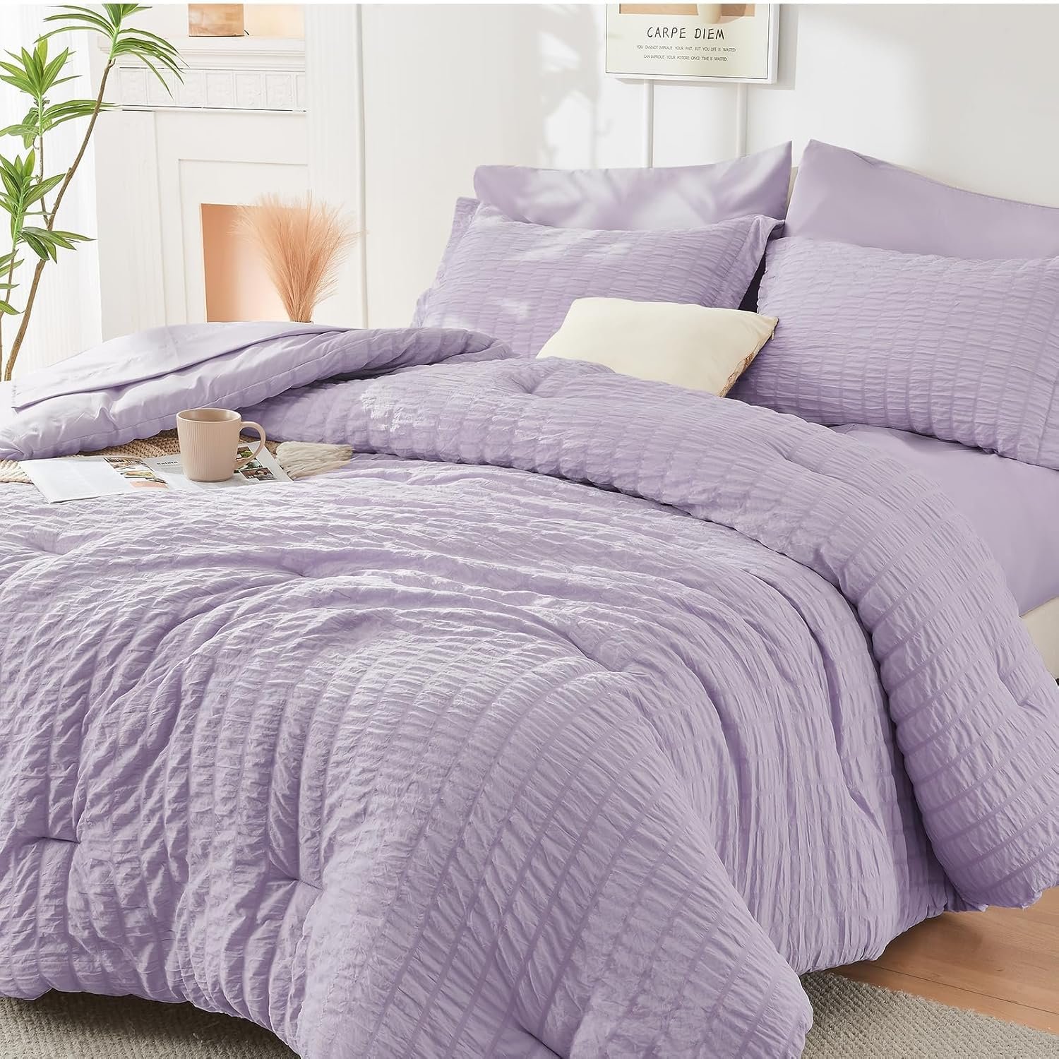 HYMOKEGE Lavender Queen Comforter Set Seersucker 7 Pieces, All Season Luxury...