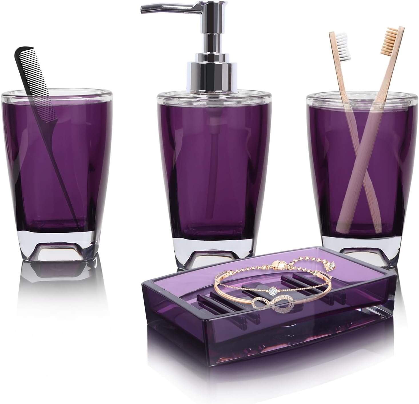 LGURT 4-Piece Classic Purple Acrylic Bathroom Accessories Set — Soap Dispenser,...