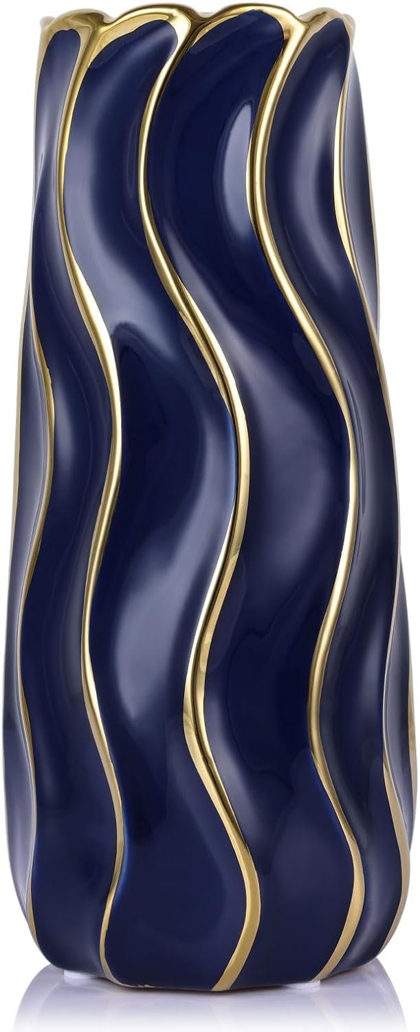 9.5" Blue Ceramic Vase - Minimalist Blue and Gold Flower Vase, Blue Decor Large...