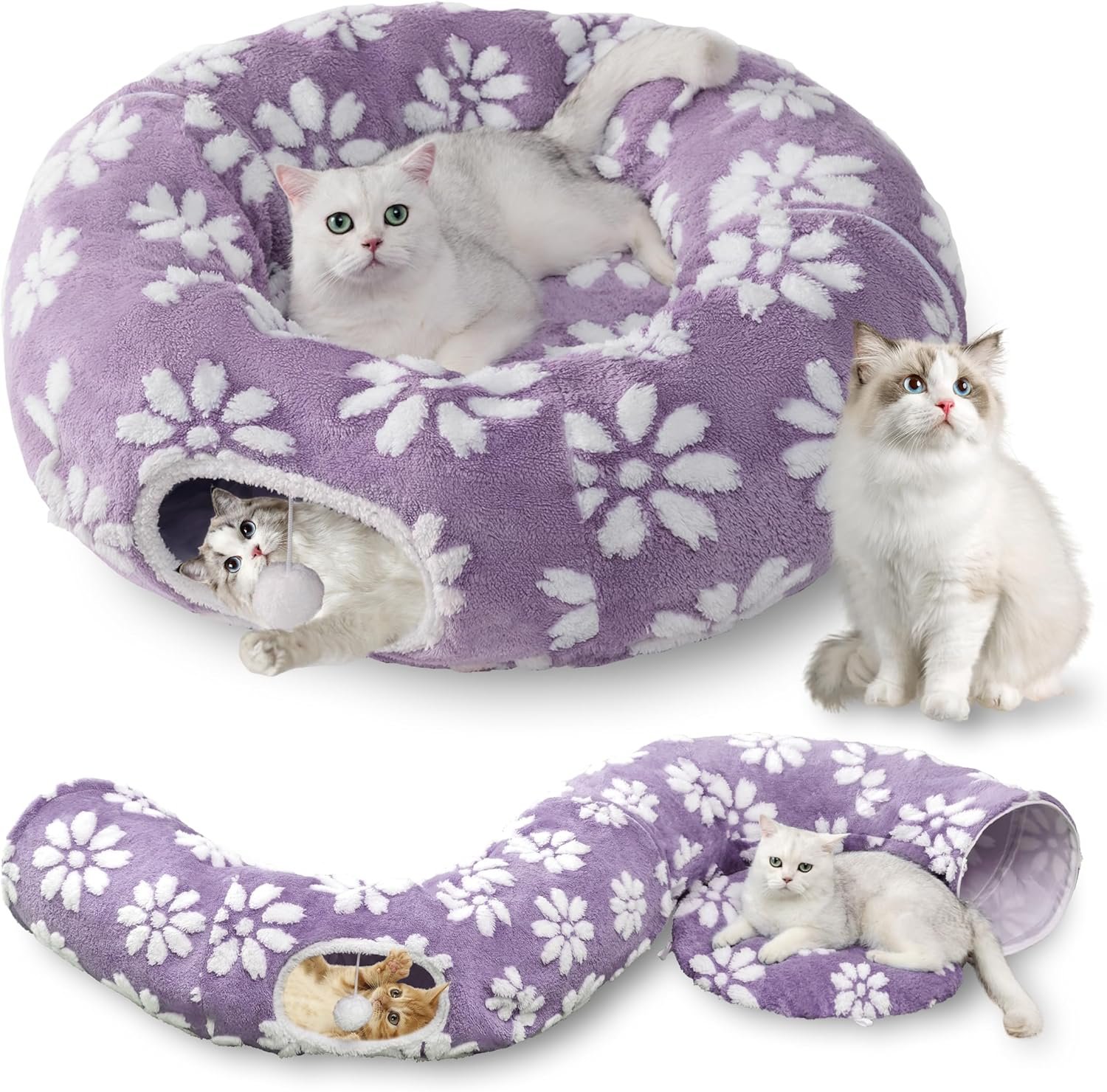 Cat Tunnel for Indoor Cats, Cute Peekaboo Cat Cave with Dangling Balls, Pet...