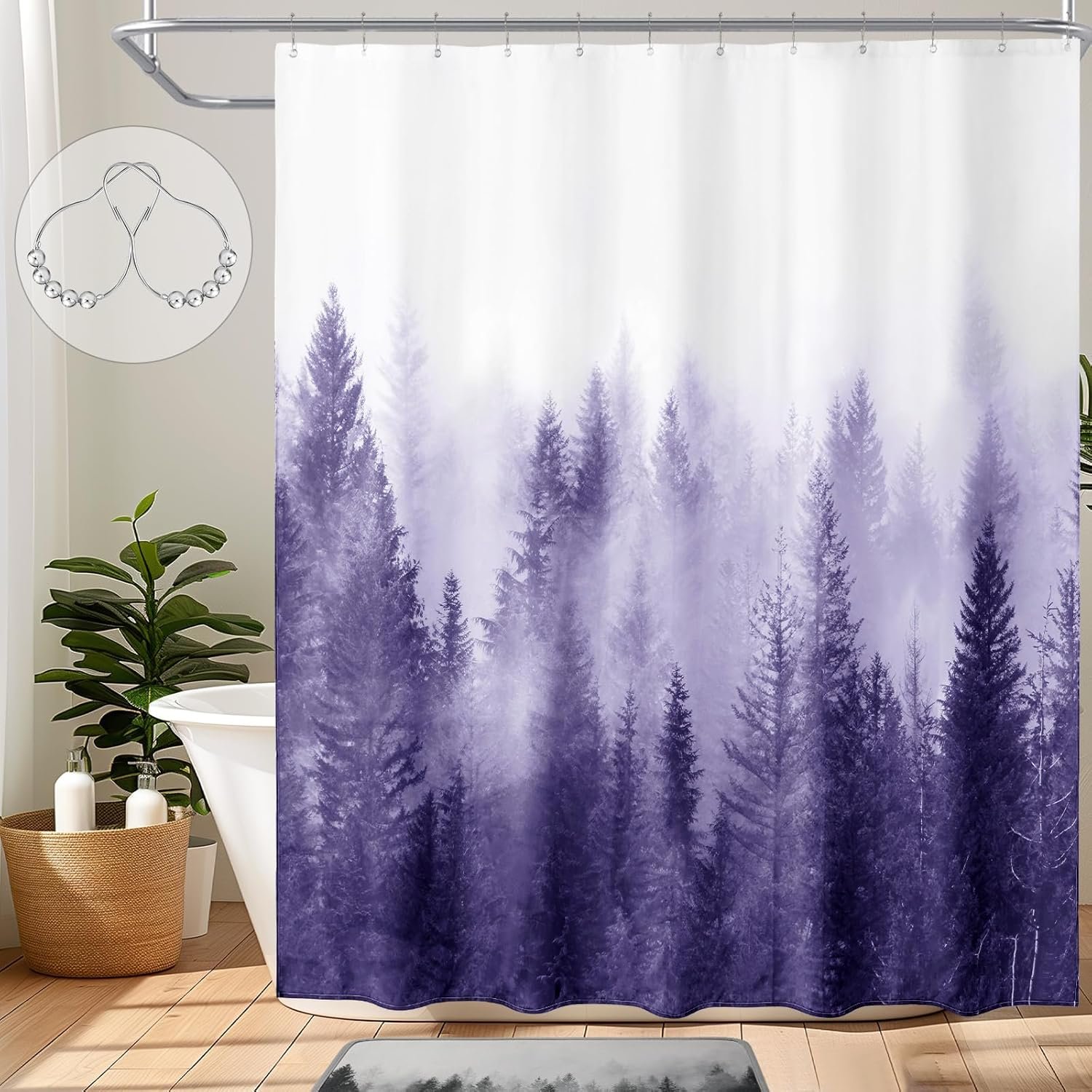 ORTIGIA Purple Misty Forest Shower Curtain for Bathroom, Nature Woodland Shower...