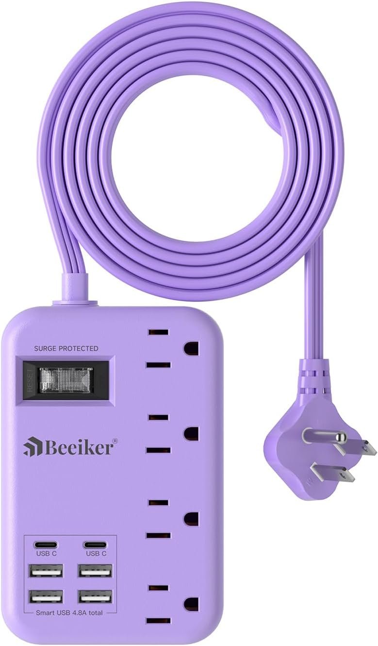 6 USB (2 USB C) Purple Travel Power Strip,5 Feet Lavender Extension Cord | 6...