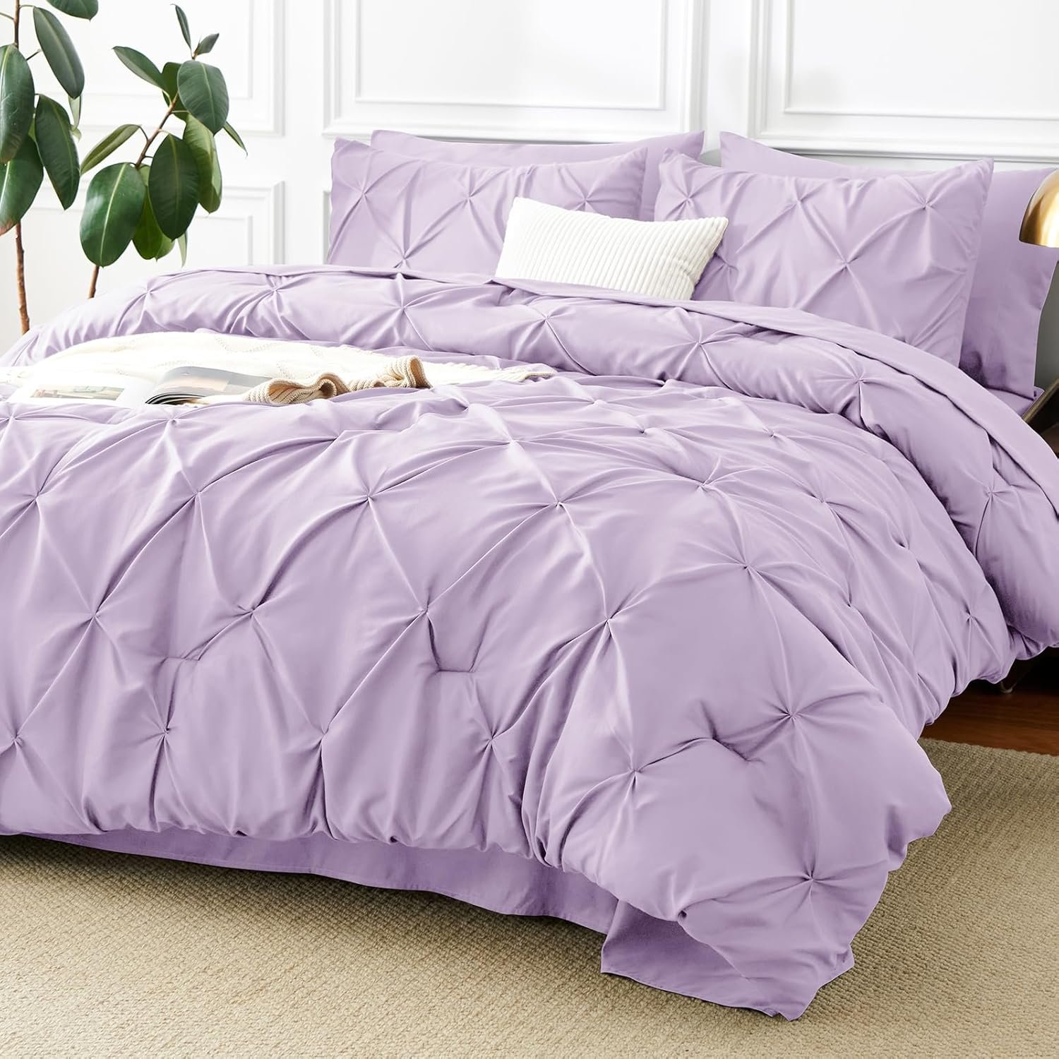CozyLux Queen Comforter Set Lavender, 7 Pieces Pintuck Bed in A Bag, All Season...