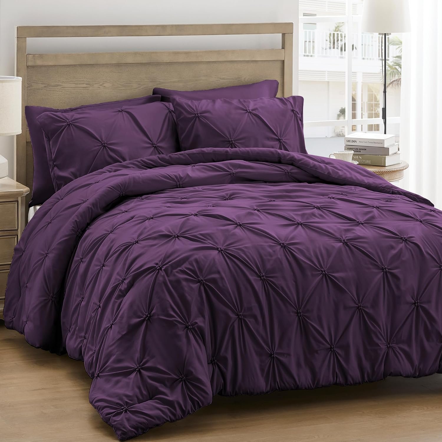 UNIKOME Queen Comforter Set Purple - Ultra Soft Boho Pintuck Down Alternative...