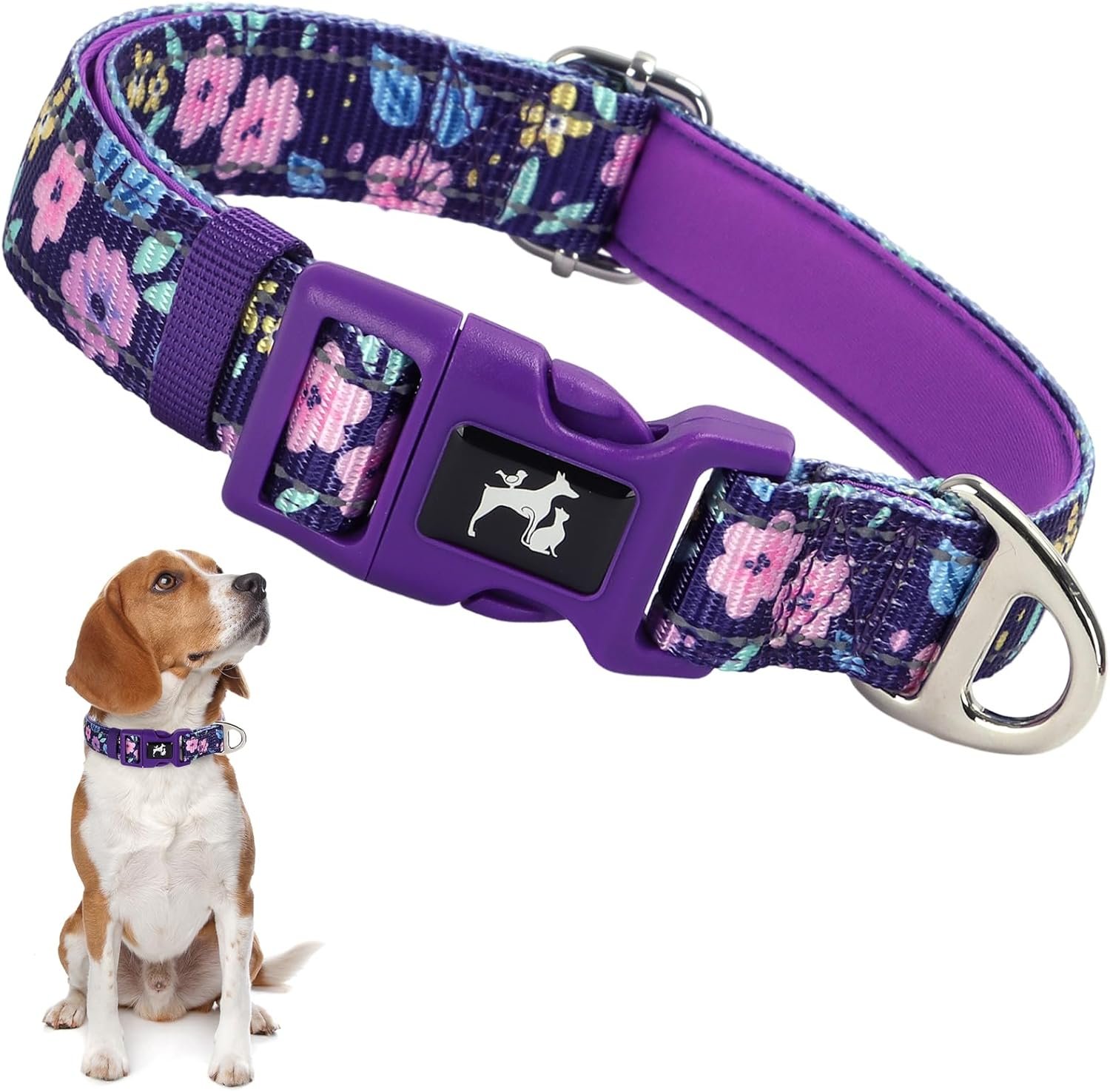 Reflective Dog Collar for Medium, Large & Extra Large Dogs - Purple Floral...