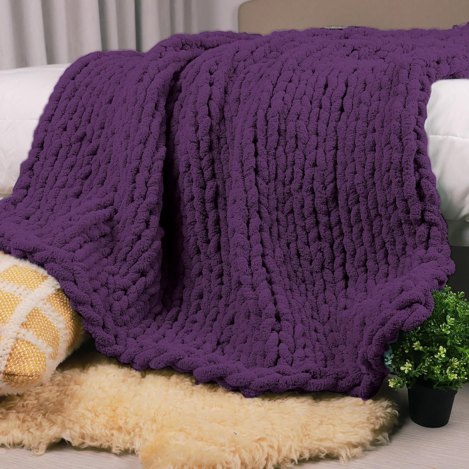 Carriediosa Chunky Knit Throw Blanket 60" X 80" Twin, 100% Hand Made Large...