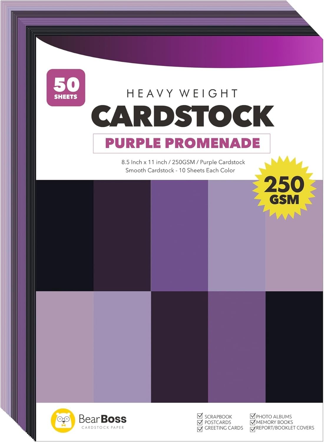 BearBoss Purple Cardstock Paper 8.5x11 50 Sheets, Heavyweight 92lb Cover for...