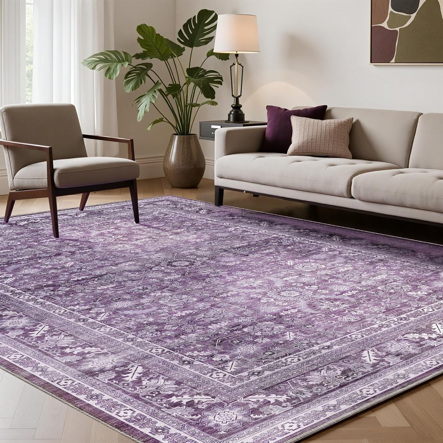 OPPODREAM Vintage Purple Area Rugs 9x12, 9 x 12 Retro Washable Rug Non Slip,...
