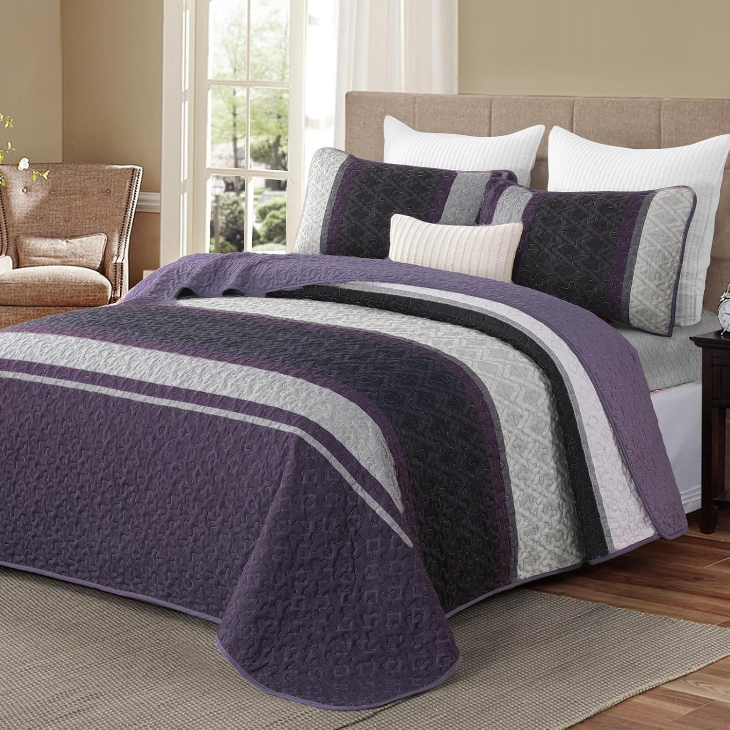 Dinjoy King Size Quilt Set Boho, Soft 3 Pieces Striped Bedspreads Fall Quilts...