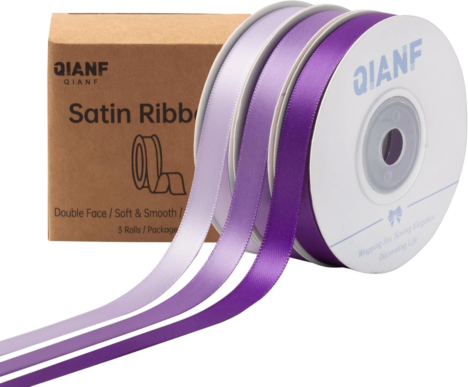 QIANF Purple Double Face Satin Ribbon 3/8 Inch x 45 Yards Lavender Fabric...
