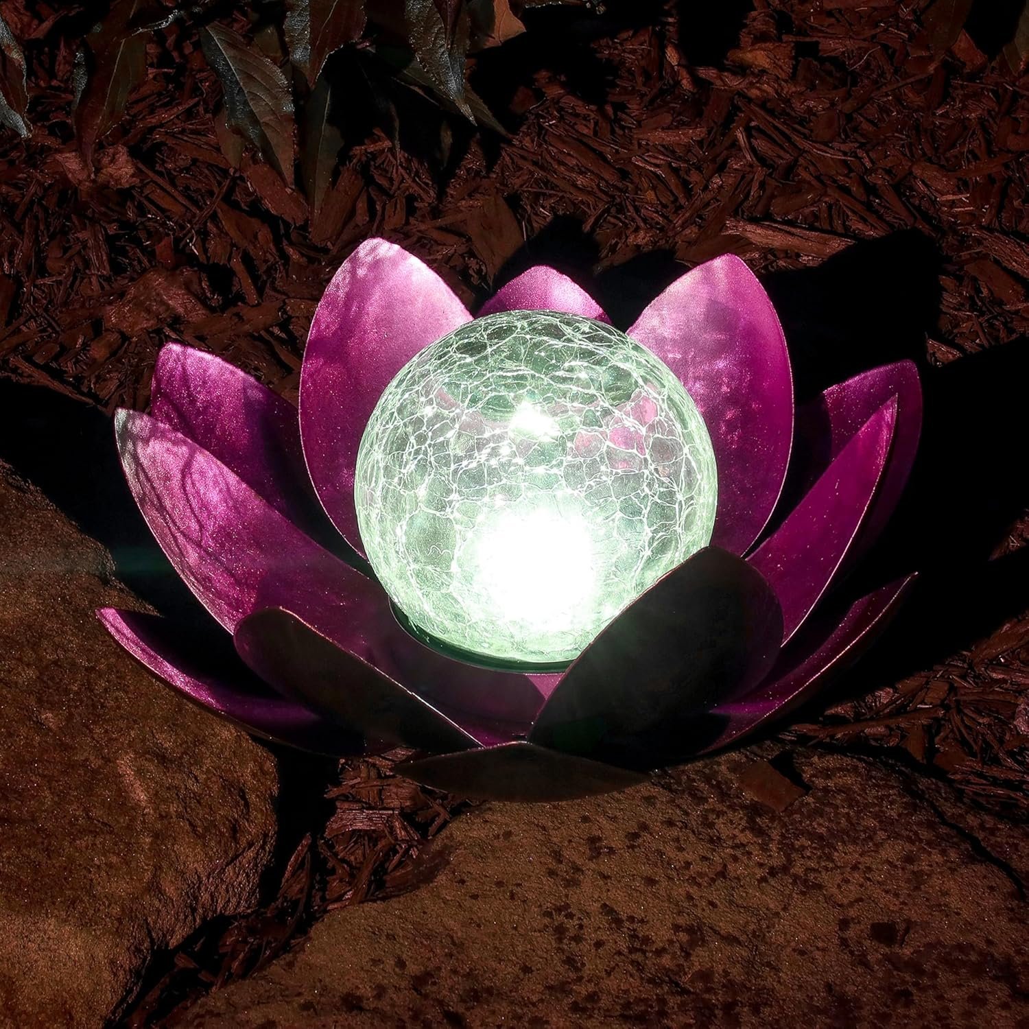 MCSLOTUS-V Violet Lotus Flower Solar LED Garden Light with Crackled Glass Globe...