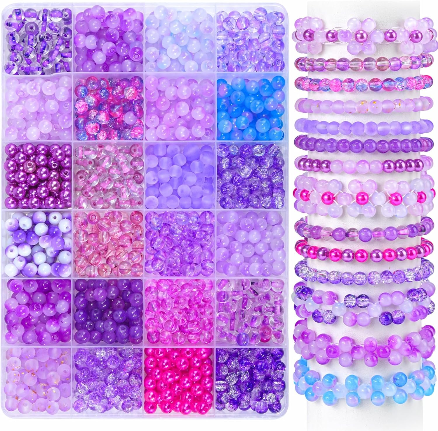 1200PCS 6mm Purple Glass Beads for Bracelets, 24 Colors Assorted Violet Series...