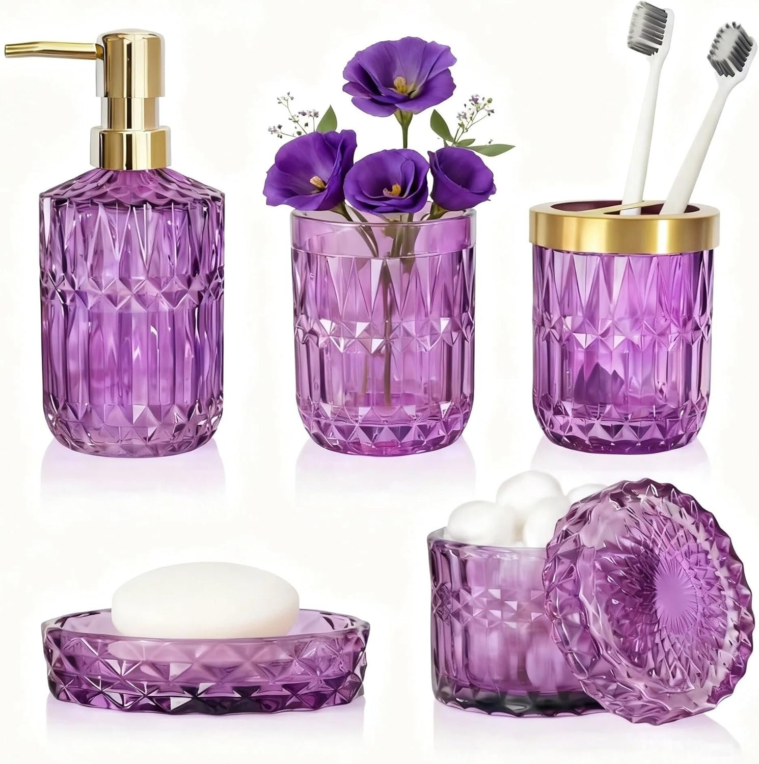LaMrriti Purple Bathroom Accessories Set 5 Pcs, Glass Bathroom Set, Soap...