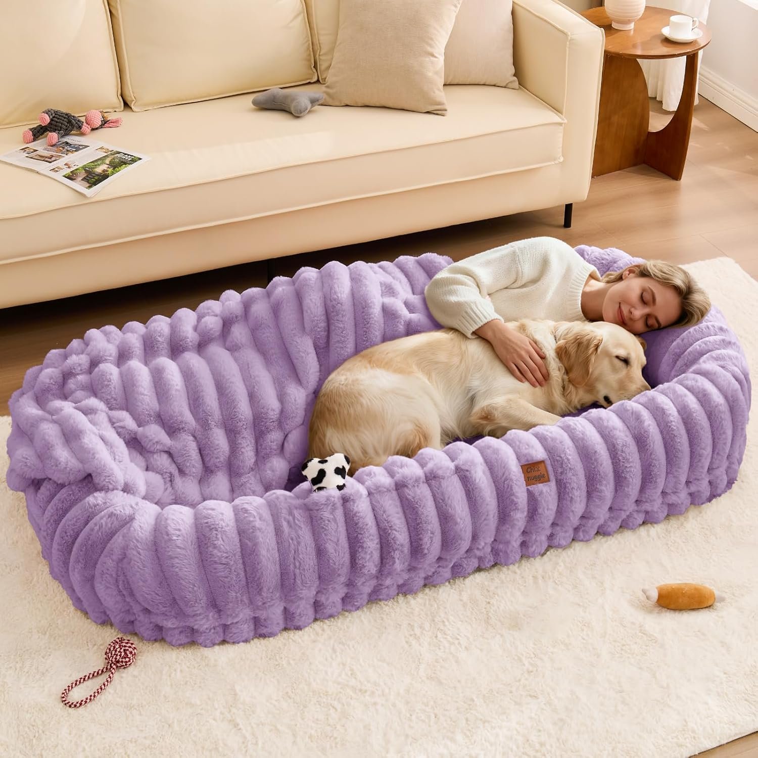 ChiXnuggle Orthopedic Human Dog Bed,Striped Faux Fur Washable Cover,Blanket |...