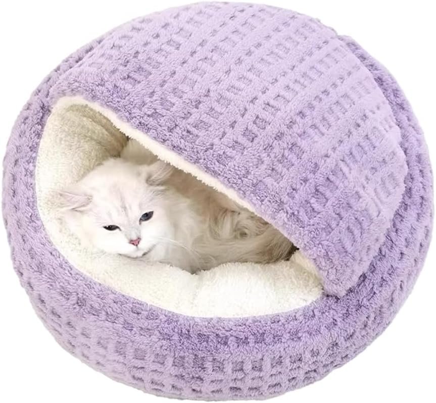 Plush Cat Bed Hooded Semi Enclosed Shell Shaped Pet Nest Cozy Warming Anti-Slip...