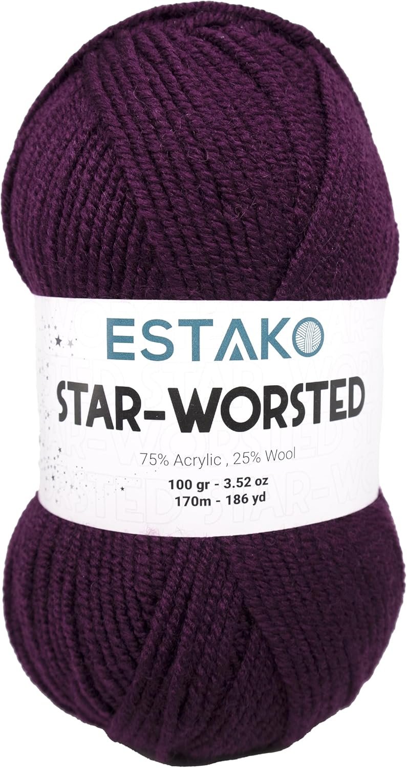 Estako Star-Worsted Yarn - 75% Acrylic 25% Wool - Soft Medium Weight #4-100g...