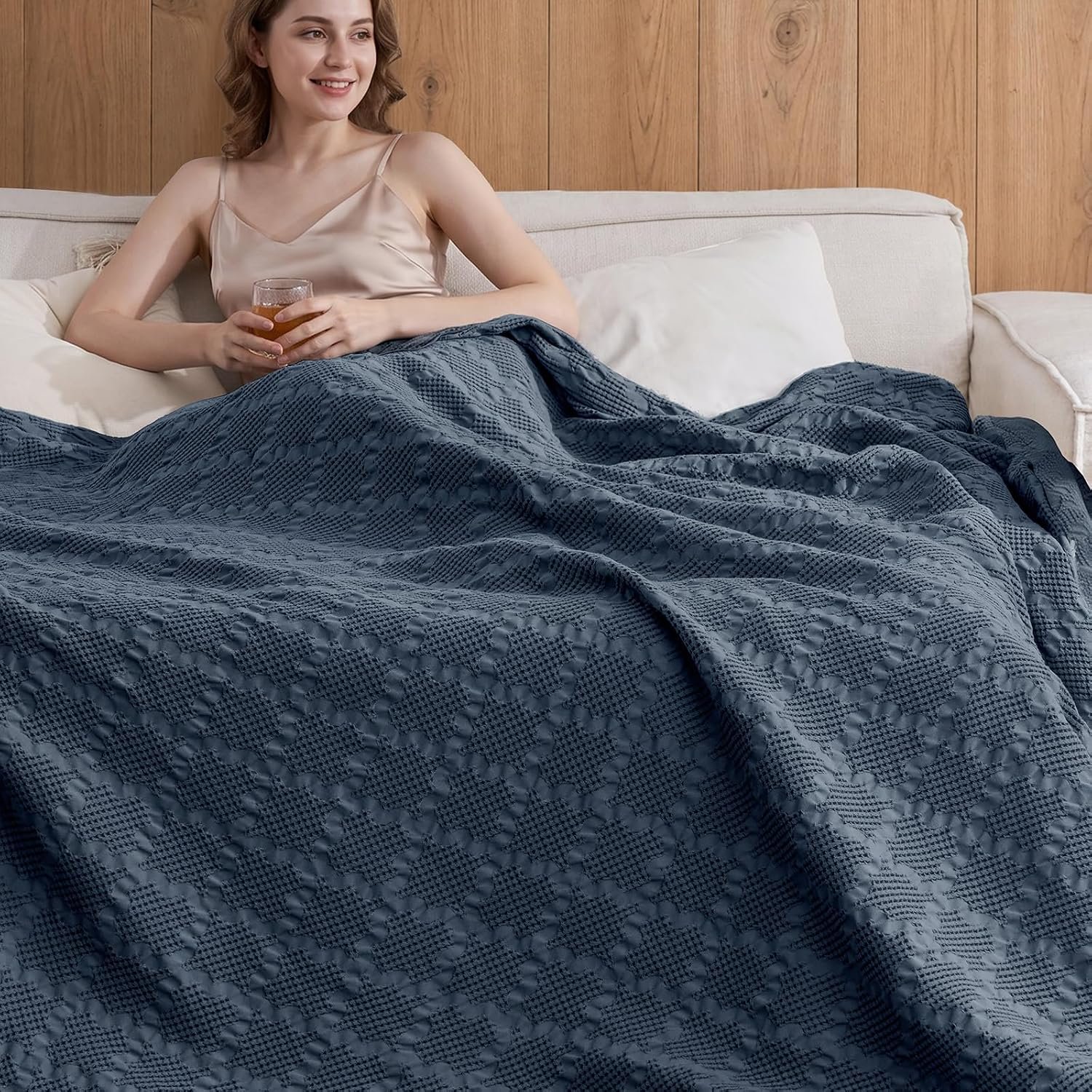 David's Home 100% Cotton Waffle Blanket King Size, Lightweight Breathable...