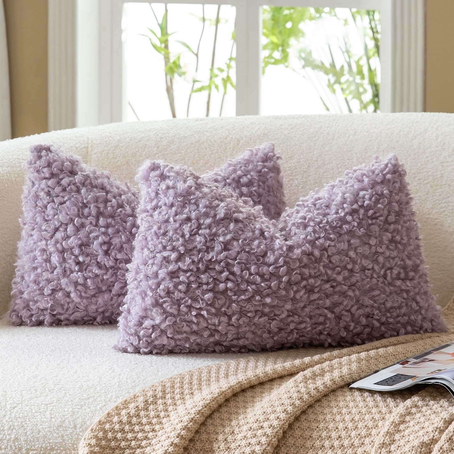 MANDIOO 2 Pieces 12x20 Inch Light Purple Faux Fur Lumbar Throw Pillow Covers...