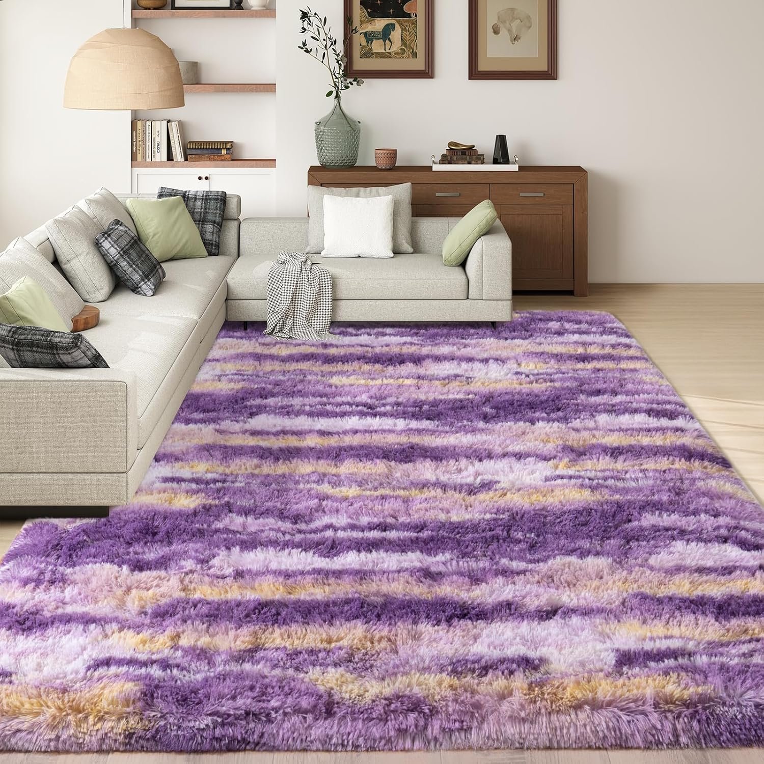 Shag Rugs for Living Room 9x12, Ultra Soft Abstract Purple Big Fuzzy Rugs for...