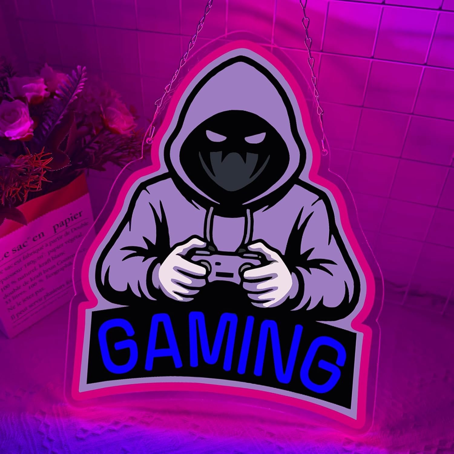 Gaming Neon Sign, Purple Hooded Gamer LED Neon Sign with Controller, Gaming...