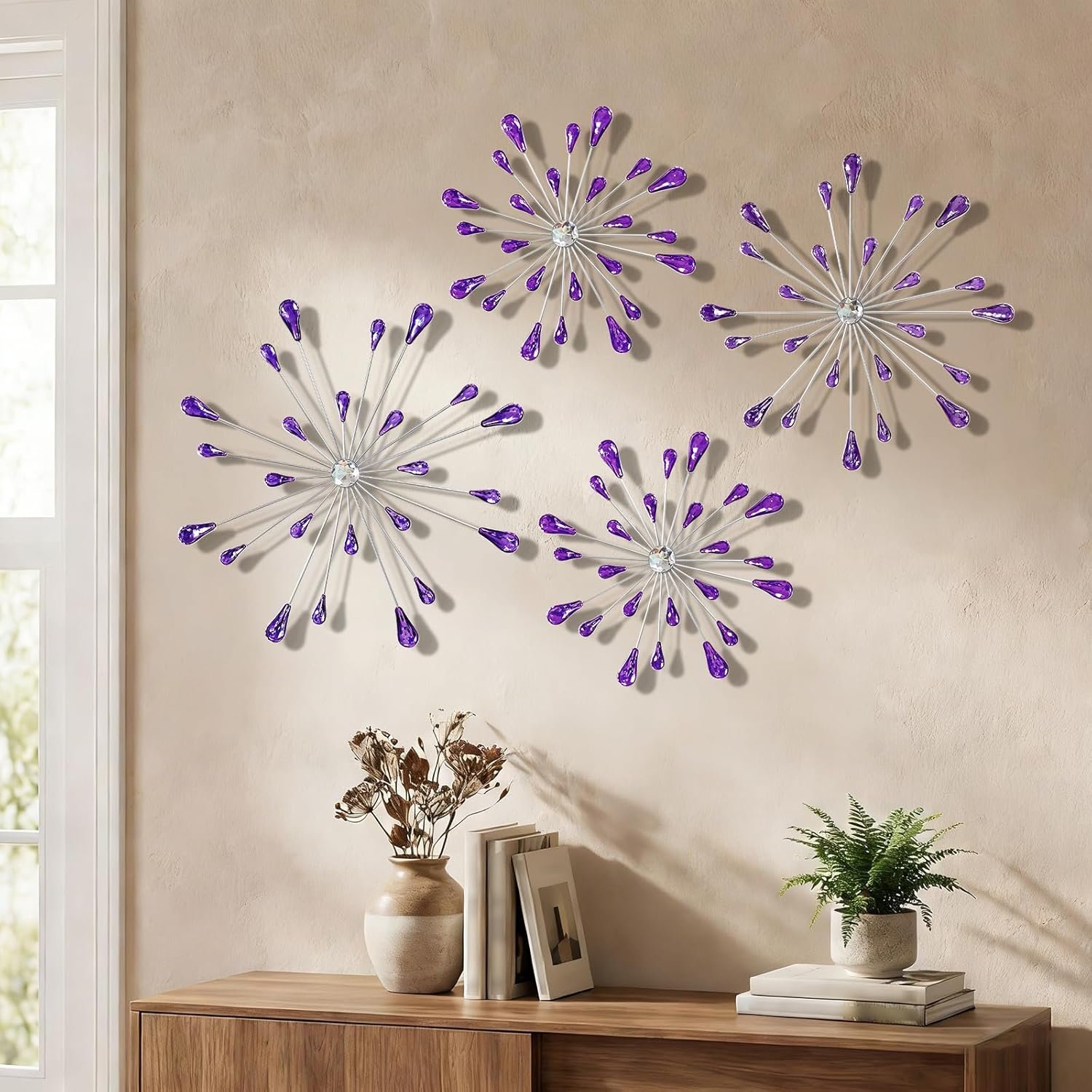 ZEXUIRU 4 Set Silver Starburst Wall Art for Home Decor Metal Bling Crystal...