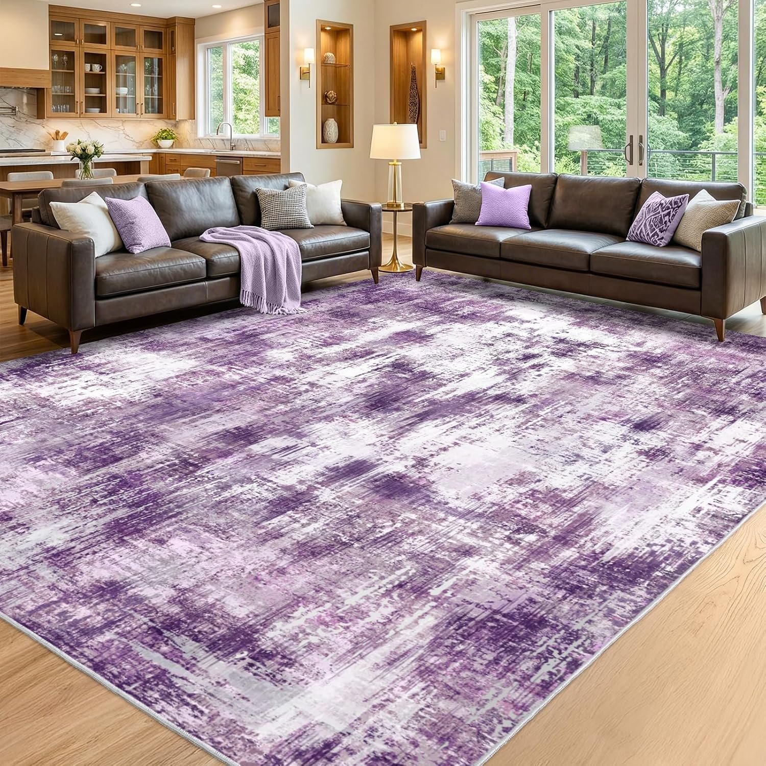 Purple Living Room Modern Abstract Rug, Anti-Skid Carpet Low Pile Rug 9x12Ft