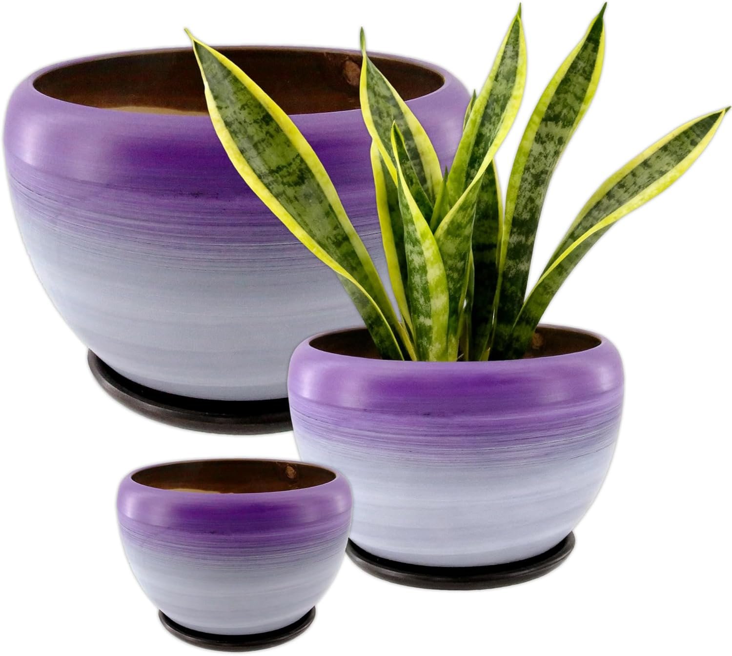 Set of 3 Purple Ceramic Plant Pots 7/5/4 Inch with Drainage Saucers | Round...