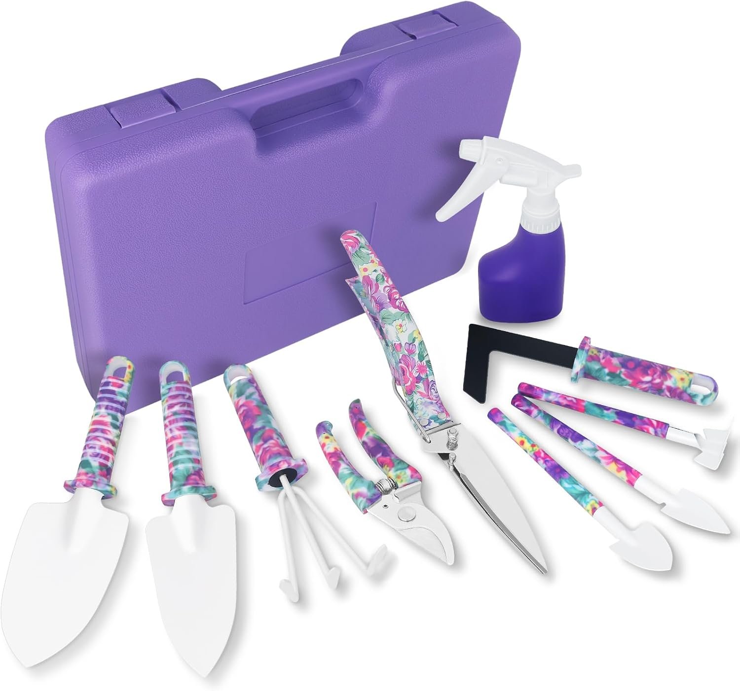 10-Piece Garden Tool Set with Sturdy Carrying Case – Purple Floral Gardening...
