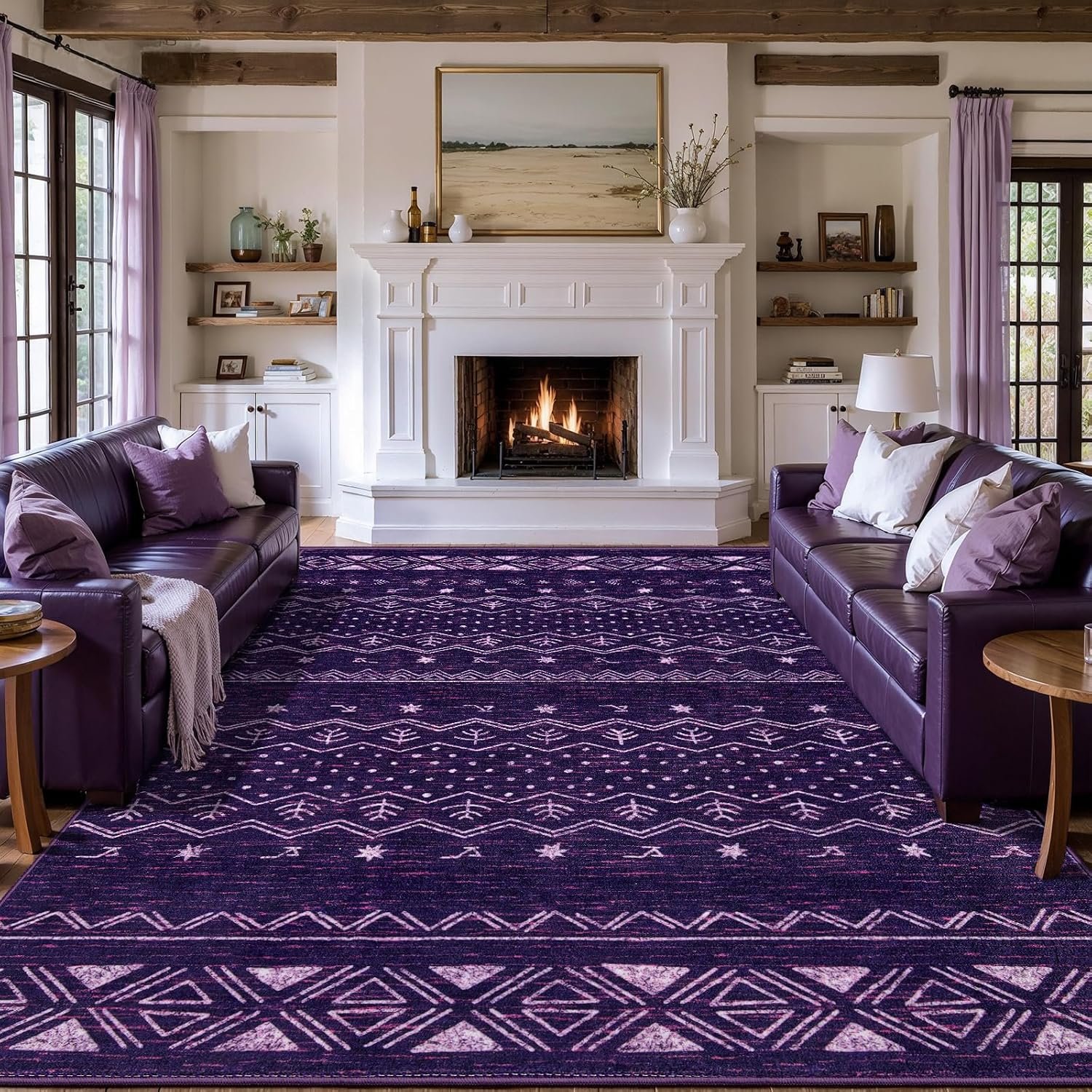 SERISSA 9x12 Area Rugs for Living Room, Washable Non-Slip Purple and White Boho...
