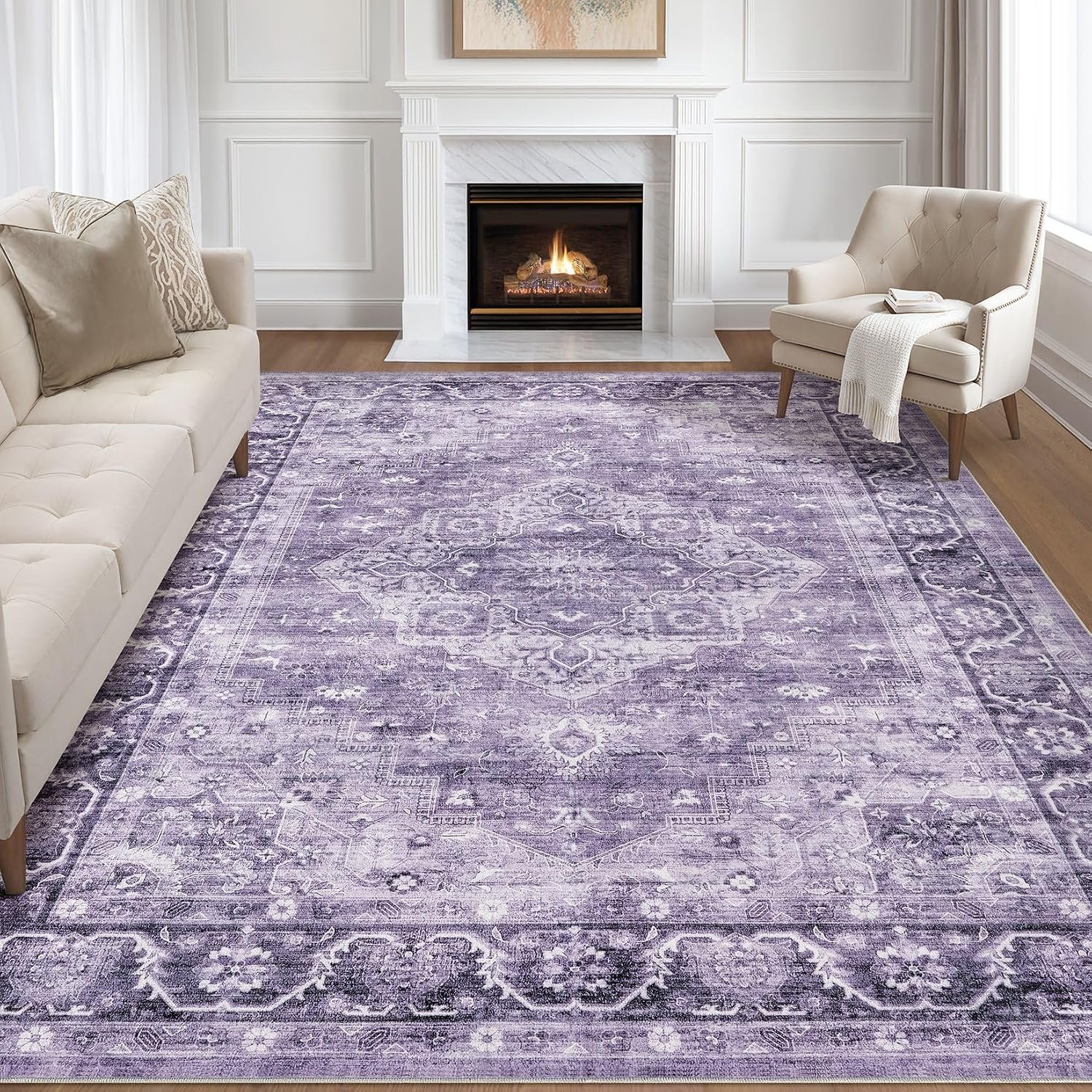 8x10 Area Rugs Living Room: Washable Boho Large Neutral Vintage Soft Rug Stain...